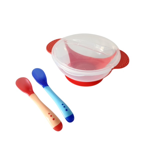 Plato plástico con tapa más cuchara rojo y azul